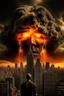 Placeholder: A volcano exploding over a New York City, inside the explosion flame a giant man face