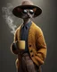 Placeholder: Cool Dude. slender sophisticated Oriental shorthair Siamese chocolate point cat cat standing upright on two legs wears a chunky mustard knit cardigan, patterned trousers and a wide-brimmed felt hat, cradling a steaming ceramic mug in one paw with supreme nonchalance. Exaggerated long whiskers and circular dark sunglasses complete the effortlessly cool ensemble. Full-body photorealistic 3D character render against a moody warm-grey studio background with dramatic side light
