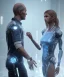 Placeholder: detroit become human, man, young women AI looking at each other, real Handshake, sci-fi fantasy style, volumetric lighting, particales,highly detailed,cinamatic, deep colours,8k.