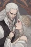 Placeholder: Strahd Von Zarovich being kissed by a beautiful woman with white hair, wearing an off the shoulder dress. Settling and background are a lavish toomb with an ebony coffin.