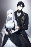 Placeholder: A beautiful young woman with long white hair and blue eyes, pale skin with opal freckles. Wearing a black dress. A man with long black hair in a Victorian suit. Couple.