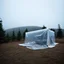 Placeholder: A polaroid photo of an odd room with structures. A transparent tarpaulin covers an image resembling a ruined building. There is a group of fir trees in the background and a high hill in the distance. The surface below is in a pastel color. Fog is present.