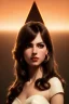 Placeholder: young woman, brown hair, dark orange eyes, hoop earrings, red blouse, elegant, dark eyeshadow, black eyeliner, high arch angular eyebrows, head and shoulders portrait, 8k resolution concept art portrait by Greg Rutkowski, Artgerm, WLOP, Alphonse Mucha dynamic lighting, hyperdetailed, intricately detailed, Sp