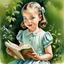 Placeholder: Actress Angelina jolie as a toddler, pony tail, big blue eyes, big lips, with a book,in the garden , 1950s,illustrated by Marcel Marlier, dress, soft pastel colors, , vintage