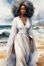 Placeholder: Create an urban culture watercolor painting of a beautiful thick black female wearing a soft white maxi dress and a white hair wrap. Prominent make up with lush lashes. Highly detailed tightly curly afro. Background of her walking in the sand by the ocean.