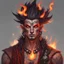 Placeholder: fantasy character, fire genasi shaman, male, in his late twenties, lots of face piercings, ear plugs piercings, face markings, tribal tattoes, short mohawk hair, fire-red eyes, digital art