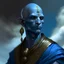 Placeholder: dnd, fantasy, cloud giant, portrait, face, close up, long face, slender face, blue skin, clean shaven, bald, ascended, elegant, angular features, light arabic clothes, exotic features