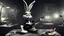 Placeholder: photorealistic deppressed dark melancholic sad Bugs bunny deppressed doing music rock and roll dark heavy metal on a scene alcoholic, ciggaretes ciggaretes ciggaretes sad sad sad sad