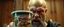 Placeholder: close up portrait of a ramen bucket that looks like a chain saw wielded by serious angry bald law man, in cinema