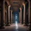 Placeholder: Hyper Realistic ancient pillars & huge dark hallway of a historical Indian palace with peeling wall paints at night