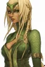 Placeholder: female snake humanoid, green scales, wearing a black leather armor, dungeons and dragons