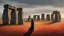 Placeholder: Full body shot of a tall slim red-headed young woman, dressed like a gipsy, standing in front of Stonehenge in a flaming circle, Raphael Lacoste