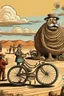 Placeholder: giant old bicycle with pepe on the top smoking in the desert with small people around in the style of Hiroshi Nagai