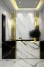 Placeholder: Reception room with a white marble wall with golden veins and a black reception desk