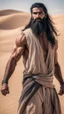 Placeholder: An Arab man in the desert, tall and strong, with long black hair and a thick beard. A long face, a large nose, a thick face, and sharp black eyes. A solid and muscular body with a strong build.