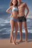 Placeholder: full body image of a beautiful 12 year old girl and a beautiful 12 year old boy with long, blonde curly hair and light blue eyes, smiling, shirtless, in front of an distant beach, 8k