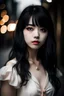 Placeholder: Tokyo Revenger . feminine . Wheaty skin. Dark brown eyes. White dress . Beautiful and attractive background. Light pink lip color. Long and black hair