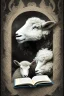 Placeholder: one black sheep reads a book on other site white sheep herd sleep going down