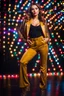 Placeholder: fullbody close up shot of young-beautiful-girl-with-a-perfect-face wearing pants and thight blouse and jacket stage disco lights