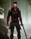 Placeholder: muscular male ranger, slender build, leather pants, black fur boots, belt, brown leather hood, short beard and mustache, long brown hair, stoic, bow, green eyes, eyes are both in proportion, 3/4 look, standing, dark cobblestone alley, forest, intense, non-photorealistic rendering in the art style of j.scott campbell