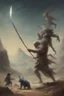 Placeholder: A worrier holding a spear fighting with a creature from another world, Busch painting style