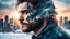 Placeholder: double exposure, portrait Man Wolf blending, city, sunset, snow, rain, fantasy, mystical, tattoo, vertical pupils, high detail, high resolution, 8K