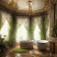 Placeholder: a gorgeous, stunning spa with gauzy curtains, ornate bath, dark wood floor, decorative foliage, plants, candles, flowers, tranquil, 8k resolution, high-quality, fine-detail, digital art, detailed matte, volumetric lighting, illustration, 3D octane render, brian froud, howard lyon, selina french, annie stokes, lisa parker, greg rutowski, alphonse mucha