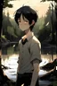 Placeholder: Little anime Boy, 12 yours old, sad, black hair with gray streaks, medium long length hair, slightly curly, Right eye gold and left eye silver , beautiful, burn on the side of his face. A large burn mark on the side of his face and neck ، He wears a white shirt and Black pants stand in forst Background forest, lake and clear sky