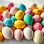 Placeholder: A hyperrealistic photograph, 16:9 aspect ratio, ultra-high resolution, showcasing a meticulously arranged cluster of Easter eggs on a surface. The eggs, vibrant and glossy, exhibit a spectrum of spring colors: sunflower yellow, robin's egg blue, fuchsia pink, and emerald green, interspersed with speckled variations in ivory and cream. Each egg's shell displays subtle textural variations, reflecting the soft, natural light illuminating the scene. The light, a warm, dif