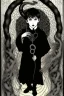 Placeholder: 7 year old boy, necromancer, friendly, looks dead,with a lamprey serpent , wearing black robes, in the style of Harry Clarke