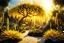 Placeholder: yellow, gold light effects colors, magic garden with mimosa tree, highly detailed, high contrast, 8k, high definition, realistic, concept art, sharp focus