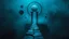 Placeholder: passage over nothingness, surreal, dark and cold abstract artwork dominated by deep blue, icy cyan, charcoal black and muted steel-grey tones. An narrow passageway emerges from an abstract distorted weird landscape, surrounded by thick fog and drifting mist. The space feels nightmare, alien and unsettling, with floating circle and line geometric forms, black onix column architectural fragmented and unnatural perspectives. At the center of the composition cracked stone way over abyss