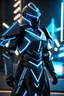 Placeholder: neon blue, floating parts of armor in form of triangles, cyber armor, geometric patterns on armor, male, orbiting triangle