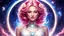 Placeholder: Full body portrait of a peaceful smiling gorgeous rose hair Goddess of the galaxies with a white skin, high skul, luminous eyes