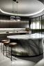 Placeholder: Kitchen, modern style, poliform, dark walnut timber veneer, metal Fram with tinted glass door, curve island bench, marble bench top, cook top, grey tile floor