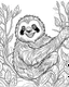 Placeholder: create a 2d black outline, "safari smiling cartoon sloth on a branch coloring book for kids", coloring page, low details design, black contour, coloring page design, simple background, colorful , card style, coloring page for kids, white background, sketch style, safari landscape, cartoon style