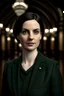Placeholder: beautiful portrait of a 20s female politician with dark hair entering parliament. She has dark green eyes and pale skin