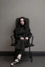 Placeholder: Billie Eilish, sitting on a chair, Black Short Dress, high detail, realistic, 8k