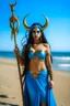 Placeholder: A picture of a blue faced Indian goddess with skin painted blue, blue body, wild black hair, stag horn antlers, elven ears, golden skirt, holding a staff on a sunny beach