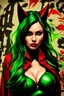 Placeholder: super hero woman, green long haired, cat ears, beauty face, big body, good body, black and red plastic costume, cape, fire of plasma on hands, wall of graffity art background