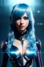 Placeholder: Cyborg anime assassin, light blue hair, blue eyes, waist up portrait, 8k resolution, intricate details, ornate details, soft lighting, vibrant colors, retroanime, masterpiece, intricate eyeliner, dark eyeshadow, eyes, intricate tattoos, futuristic cityscape background
