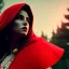 Placeholder: Head to shoulder portrait little red riding hood, by tim burton, cinematic lighting, Hyperrealism, 8k uhd, depth of field, photography, unreal engine, octane render, raytracing, cgi, lumen reflections, cgsociety, ultra realistic, volumetric fog, insanely detailed, intricate