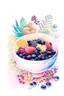 Placeholder: watercolor Illustration, detailed DESIGN, Centered Design of a bowl of cereal with flowers and fruit, lofi style, watercolor style, edgy, Minimalist, centered, solid background.