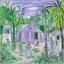 Placeholder: A light purple Hawaiian village in a jungle clearing painted by Pablo Picasso