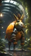 Placeholder: pole vault, magazine cover, metallic yellow orange donkey turtle chivalry knight with friendly cute face and hair locks in dark lit reflective wet jungle metallic hall dome hotel tunnel, in the style of fallout 4 game,bokeh like f/0.8, tilt-shift lens 8k, high detail, smooth render, down-light, unreal engine, prize winning