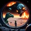 Placeholder: two sad characters gazing out of a spaceship window at a cratered burning close up 3d planet. On the left an thin alien with very pointy shape head and with x-shaped mouth, and on the right a bigg stronger dinosaur-like creature with big head sharp teeth. The background displays a dark space scattered with distant stars and three small explosions occurring on the planet's surface, adding a dramatic sense of action to the scene. realistic, detailed, cinematic, sci-fi