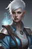 Placeholder: create a young female air genasi from dungeons and dragons, white short hair, undercut, light blue eyes, wind like hair, wearing hot leather clothing that also looks studded, she is smoking, realistic, digital art, high resolution, strong lighting