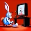 Placeholder: bugs bunny watching a tv about a video game with a pig doing music