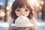 Placeholder: cute brunette chibi girl eating white snowcake in sunshine ethereal, cinematic postprocessing, bokeh, dof