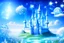 Placeholder: fairy and cosmic landscape with blue grass, magic plants, sky with light and stars. fairy white castle with diamond